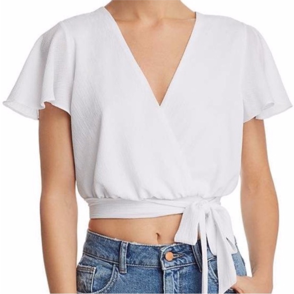 Aqua Womens Wrap Tie Short Sleeve Crop Top Shirt in White M